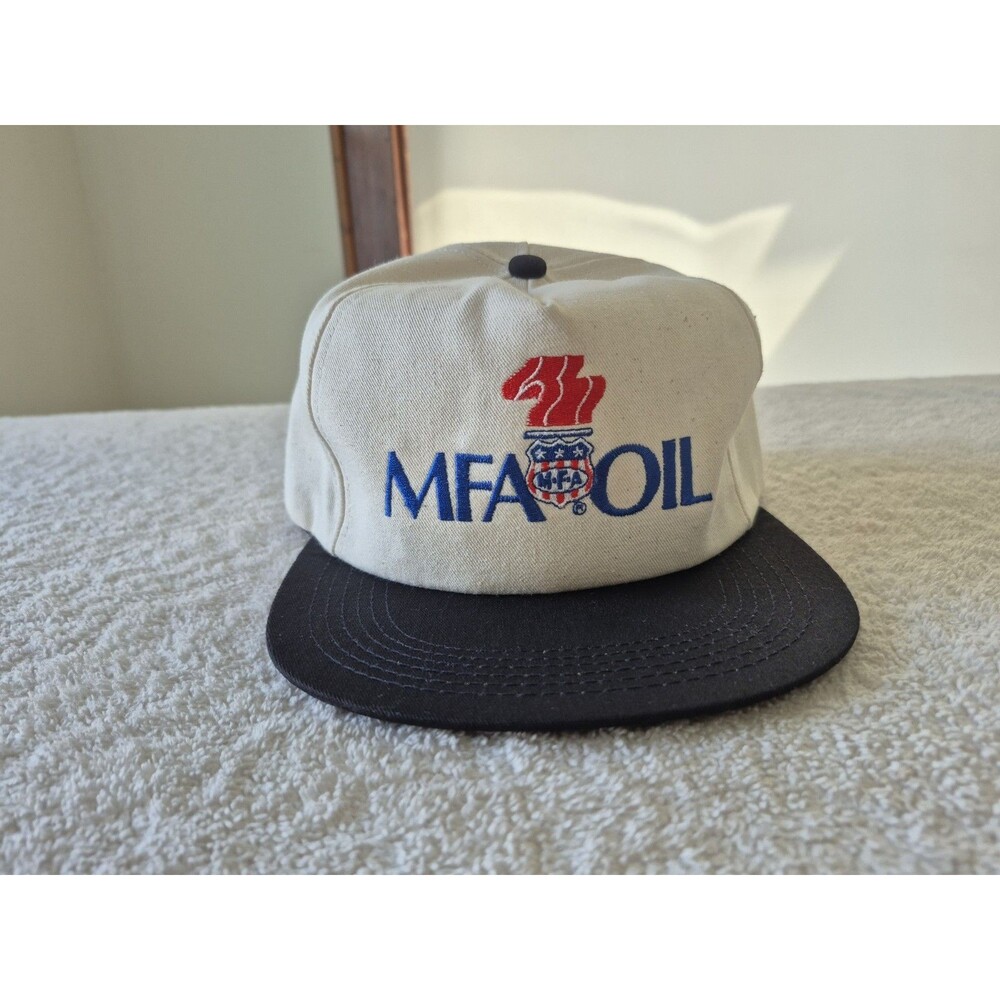 Vintage MFA Oil Hat Cream Navy Snapback Farm Cap Embroidery Co-op